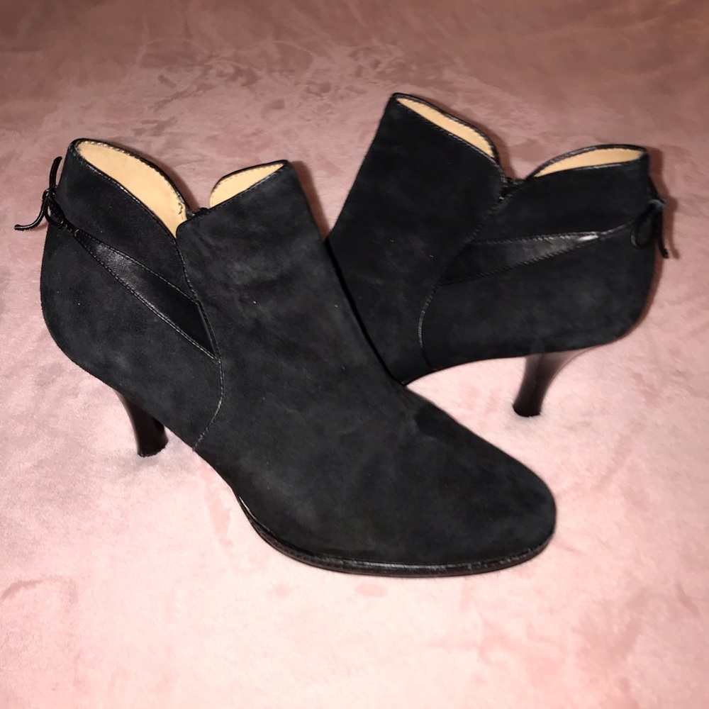 Sofft suede bootie heels, bow tie on back